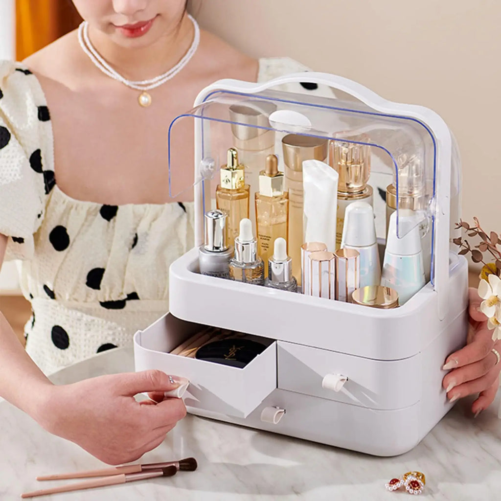 Waterproof Vanity Organizer with Dustproof Lid & Drawers